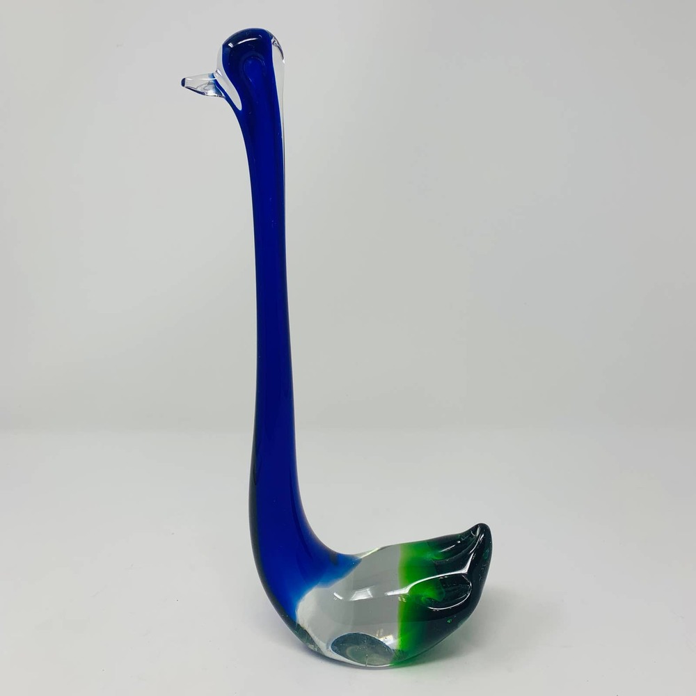 Swan Sculpture Italian Blown Art Glass Murano Tall Blue-Clear-Green 12 3/4"